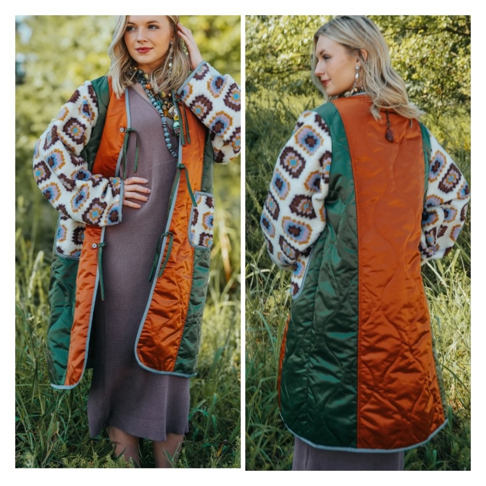 POL Come Along Colorful Patchwork Quilted Woven‎ Knit Long Coat Boho Size S/M